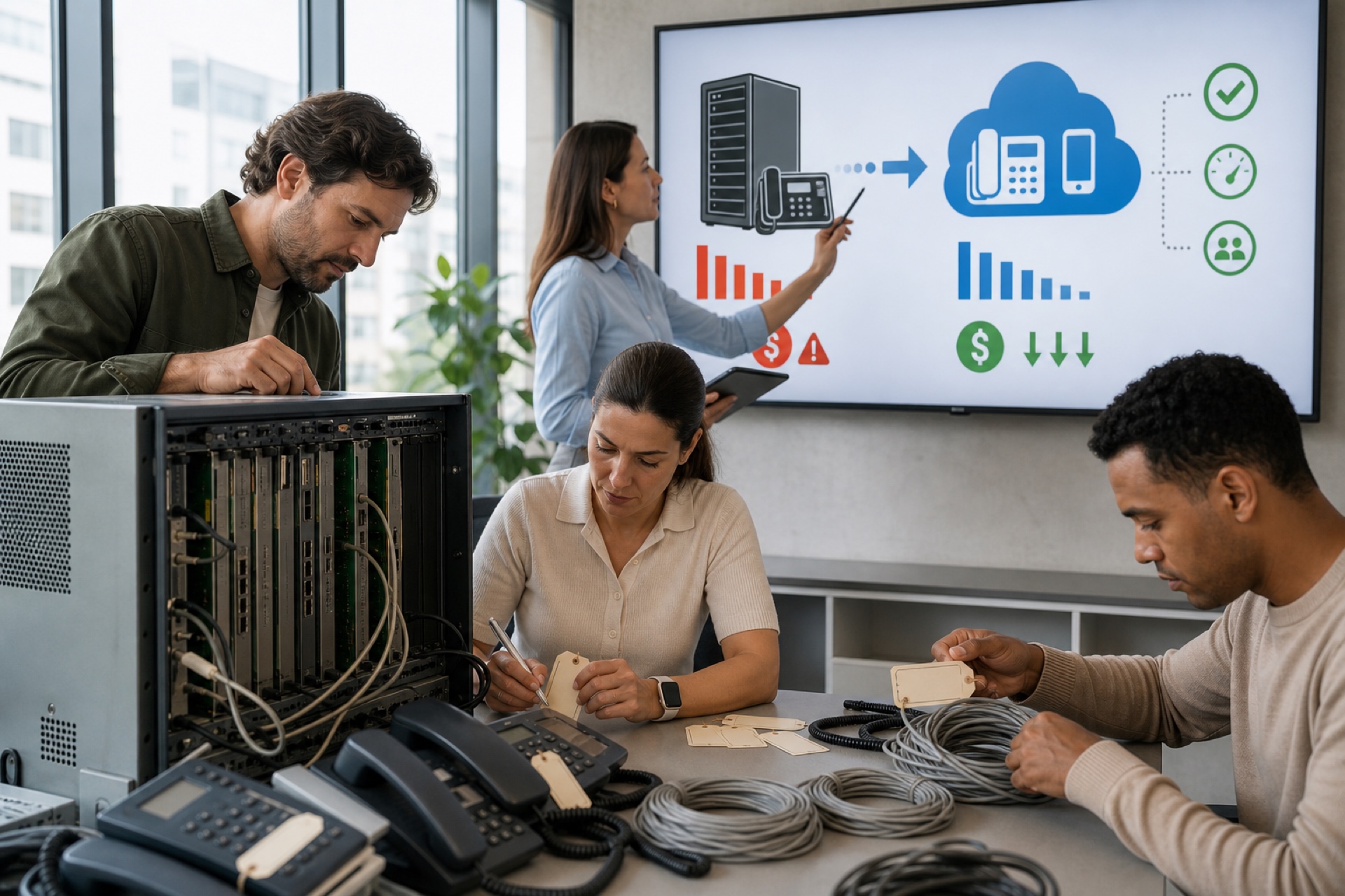 PABX físico sendo modernizado para comunicação cloud.