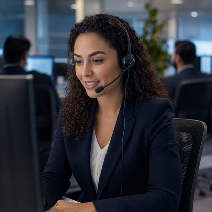 Especialista brasileira em atendimento financeiro com headset