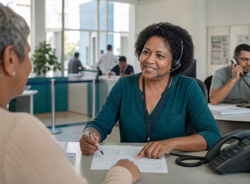 Coordenadora negra de atendimento público com headset orientando cidadã em posto de serviços brasileiro