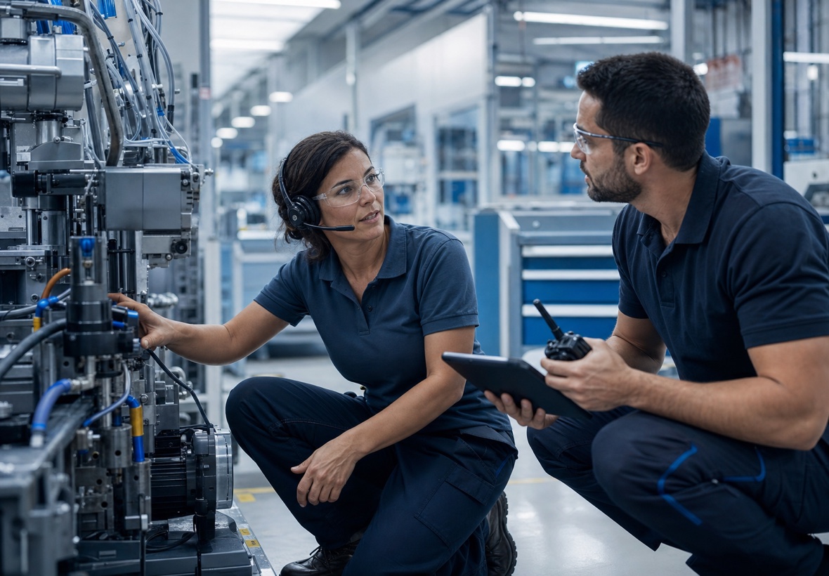 Equipe técnica portuguesa usando headset, rádio e tablet durante manutenção industrial