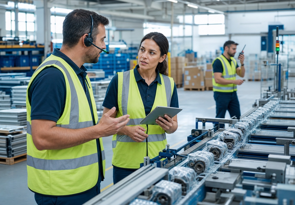Profissionais industriais portugueses coordenando produção e logística com headset e tablet
