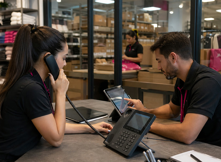 Equipe de varejo coordenando estoque e atendimento com telefone IP