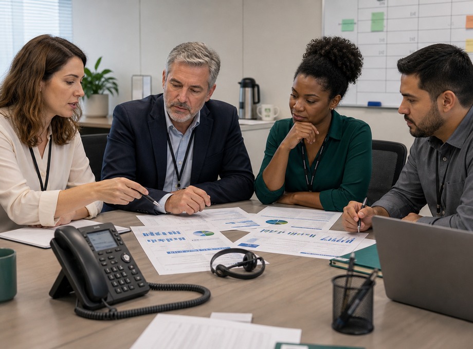Analista caucasiana revisando indicadores de SLA com equipe diversa de qualidade em empresa de serviços